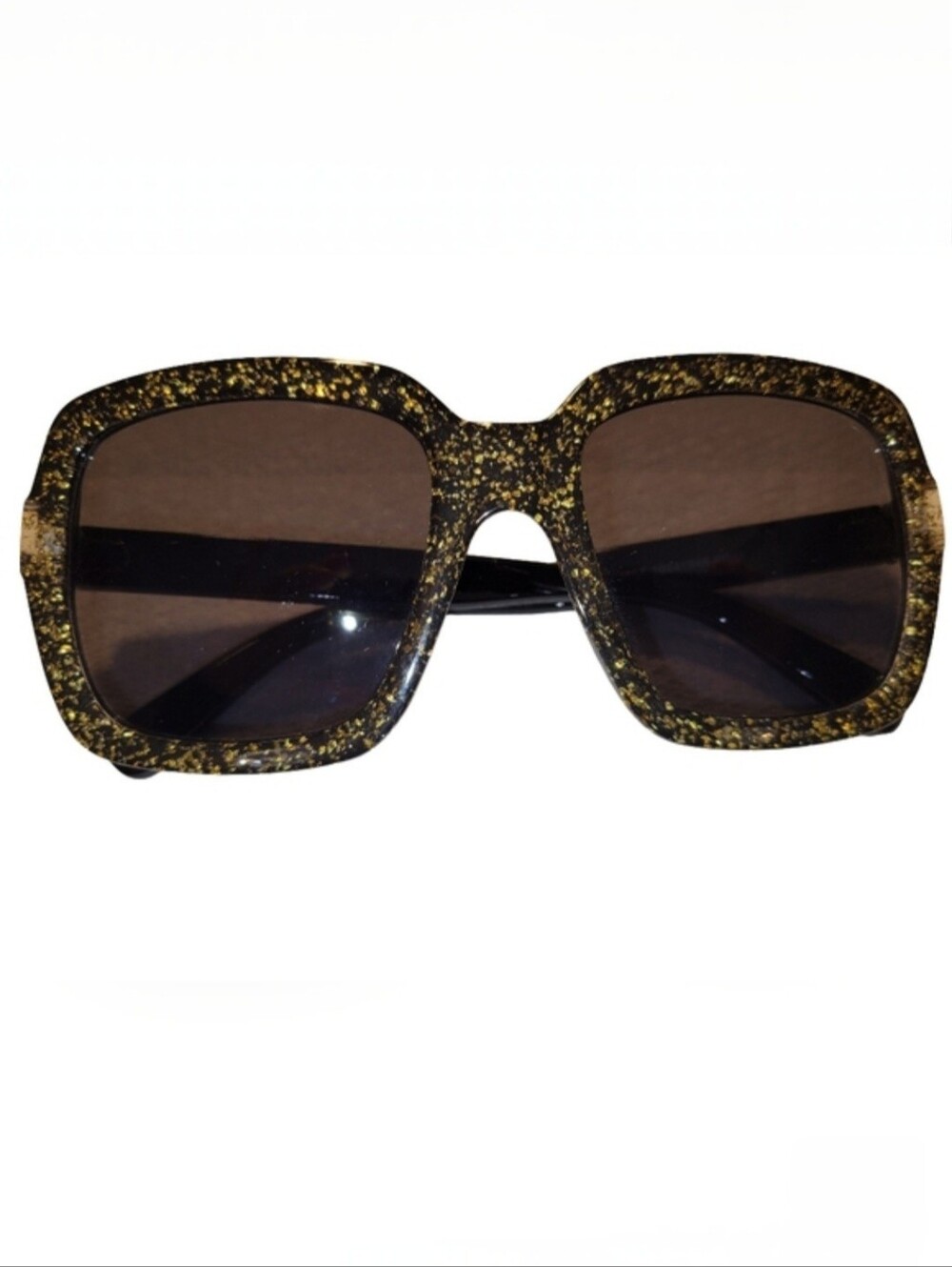 Oversized Black & Gold Glitter Square Sunglasses Retro Glam Sparkle